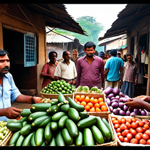 Home 4 **
A bustling village market scene in Bengal. A vegetable vendor prominently displays fresh eggplants. Focus on the interaction between the vendor and a customer, emphasizing the vendor's explanation of the freshness and origin of his produce.
**