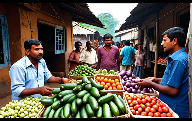 **

A bustling village market scene in Bengal. A vegetable vendor prominently displays fresh eggplants. Focus on the interaction between the vendor and a customer, emphasizing the vendor's explanation of the freshness and origin of his produce.

**