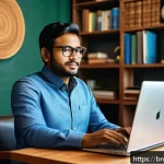 디지털 경제와 플랫폼 경제 - A modern Bangladeshi entrepreneur using advanced digital tools in a small home office setting, surro...