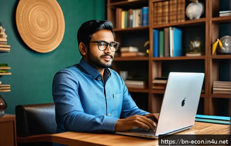 디지털 경제와 플랫폼 경제 - A modern Bangladeshi entrepreneur using advanced digital tools in a small home office setting, surro...